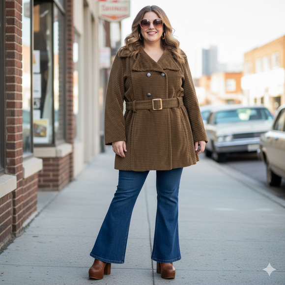 Vintage Sears Corduroy Coat Brown Peacoat Double Breast Rainbow Barn Mod Plus 1X - Picture 1 of 16